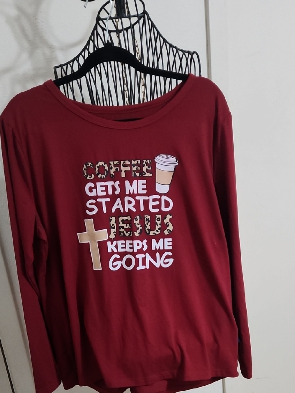 Maroon Graphic Long Sleeve Tee - "Coffee Gets Me Started"